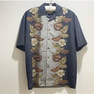 JOE MARLIN Men’s Black Gray Hawaiian Button Down Shirt Hibiscus Tropical Size M
